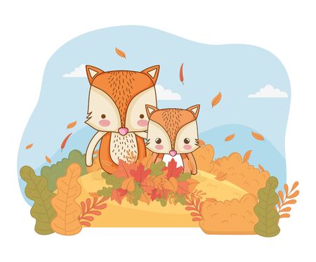 cute foxes leaves foliage hello autumn vector illustrationのイラスト素材