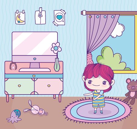 anime cute boy room computer table toys windowのイラスト素材