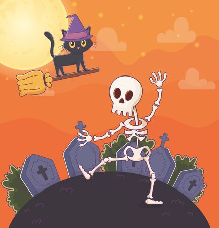 flying cat and dancing skeleton gravestones halloweenのイラスト素材