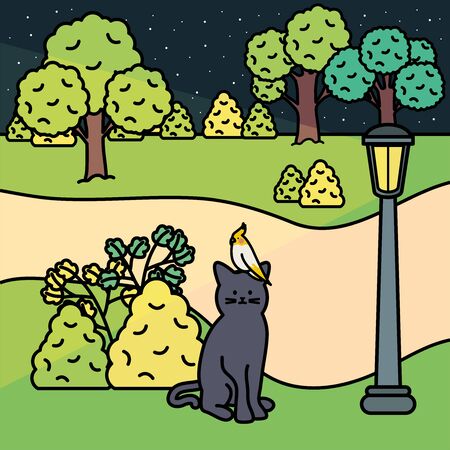 cute cat and bird mascots in the park vector illustration designのイラスト素材
