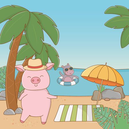 cute animals hippopotamus and pig enjoying summer vacations, relax leisure outdoor cartoon vector illustration graphic designのイラスト素材