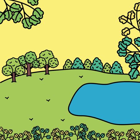 park landscape with lake sceneのイラスト素材