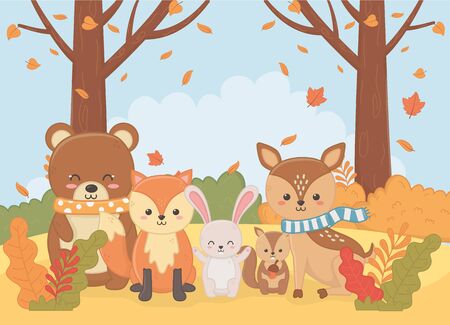 cute bear squarrel deer rabbit fox forest foliage autumn season vector illustration imageのイラスト素材
