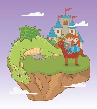 Princess knight dragon and horse design, Fairytale history medieval fantasy kingdom tale game and story theme Vector illustrationのイラスト素材