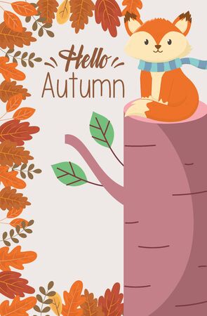 fox sitting trunk leaves hello autumn posterのイラスト素材