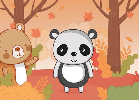 cute bear and panda foliage hello autumn vector illustrationのイラスト素材