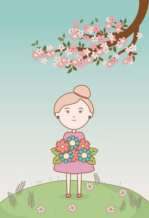 girl with basket flowers and branch tree cartoon vector illustrationのイラスト素材