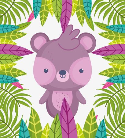 cute animals, little bear leaves foliage nature vector illustrationのイラスト素材