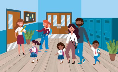 woman teacher with mothers and father with studentsのイラスト素材