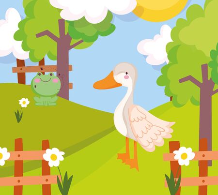 goose and frog grass flowers fence trees farm animal cartoonのイラスト素材