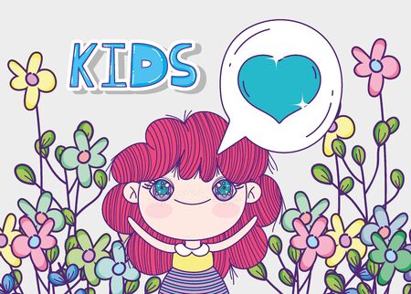 kids, little girl anime cartoon love bubble flowers decoration vector illustrationのイラスト素材