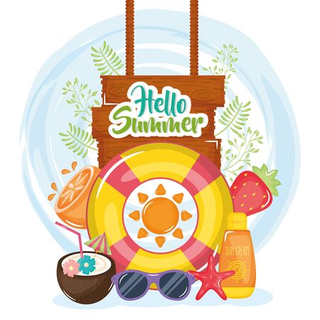 hello summer poster with wooden label and iconsのイラスト素材