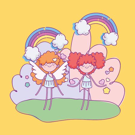 happy valentines day, cute cupids cartoon hearts rainbow fantasyのイラスト素材