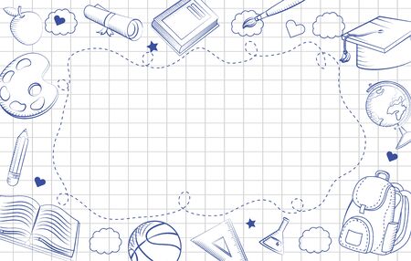 outline books with graduation cap and apple background to back to school vector illustrationのイラスト素材