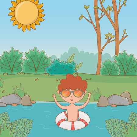 happy boy enjoying summer time, vacation leisure and relax outdoor moment cartoon vector illustration graphic designのイラスト素材