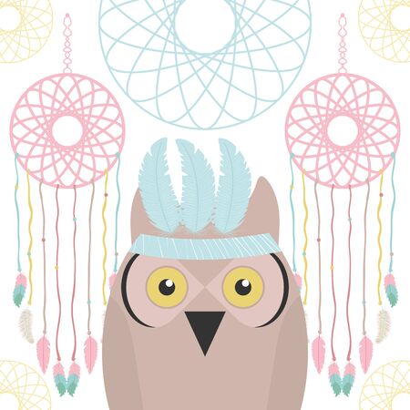 owl bird with feathers hat and mandalas hanging vector illustration designのイラスト素材