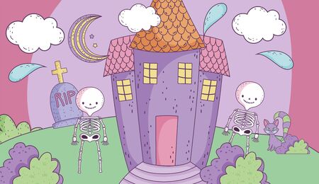 skeletons castle cemetery night trick or treat happy halloweenのイラスト素材