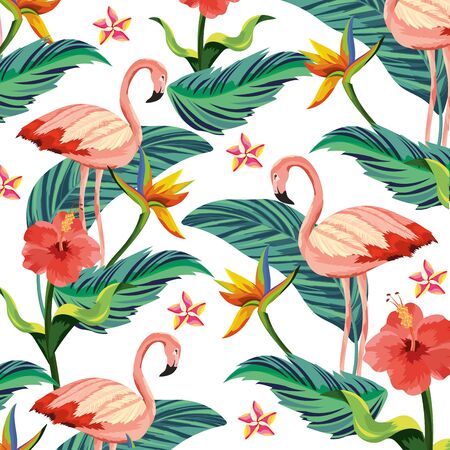 tropical flamingos flowers pattern background cartoon vector illustration graphic designのイラスト素材