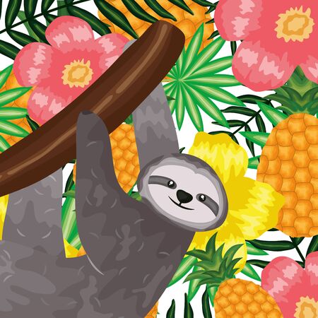 beautiful sloth bear with pineapple and floral decoration vector illustration designのイラスト素材