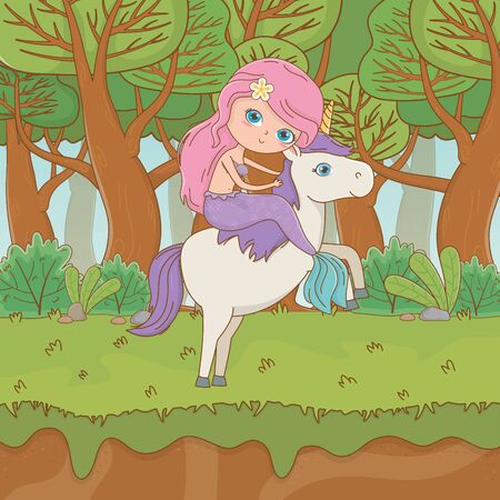 Mermaid and unicorn design, Fairytale history medieval fantasy kingdom tale game and story theme Vector illustrationのイラスト素材
