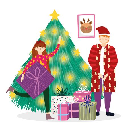 father and girl decorating tree gifts merry christmas, happy new yearのイラスト素材