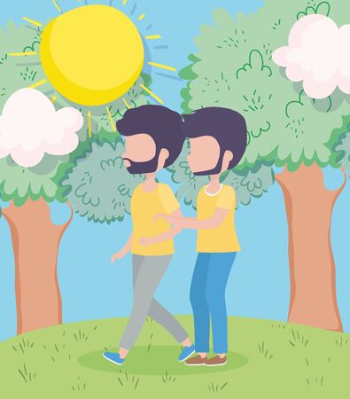 two beard men young characters walking meadow trees sun scene vector illustrationのイラスト素材