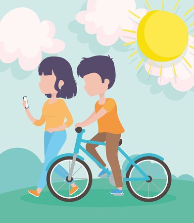 couple with bike and smartphone nature sun healthy lifestyleのイラスト素材