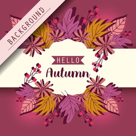 hello autumn leaves foliage season badge background vector illustrationのイラスト素材