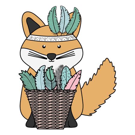 cute fox with feathers hat and straw basket bohemian styleのイラスト素材