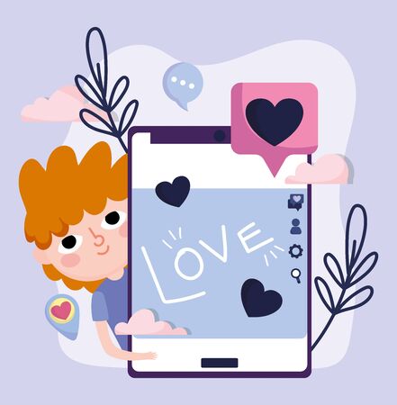 young boy smartphone speech bubble love social media vector illustrationのイラスト素材