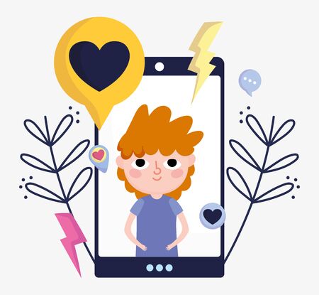 young boy on screen smartphone love chat social media vector illustrationのイラスト素材
