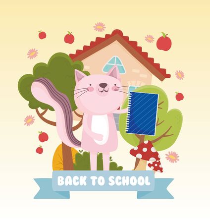 back to school education cat with notebook house fruits flowers landscape vector illustrationのイラスト素材