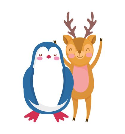 cute deer and penguin cartoon on white background vector illustrationのイラスト素材