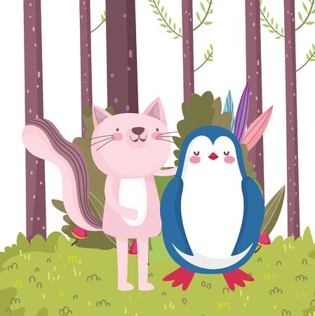 little animal cartoon character forest foliage nature landscape vector illustrationのイラスト素材