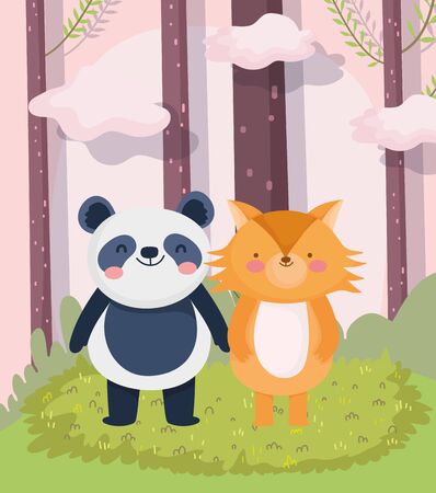 little panda and fox cartoon character forest foliage nature landscape vector illustrationのイラスト素材