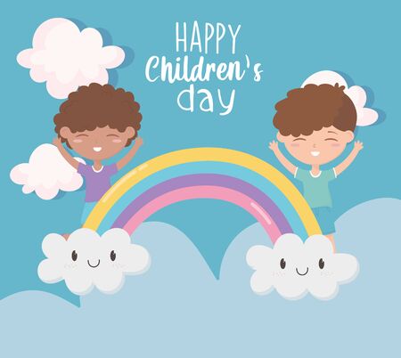 happy childrens day, little boys rainbow clouds celebration cartoon vector illustrationのイラスト素材
