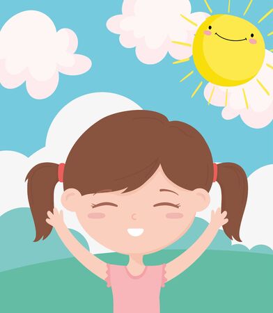 happy childrens day, cute little girl cartoon celebrating outdoors vector illustrationのイラスト素材