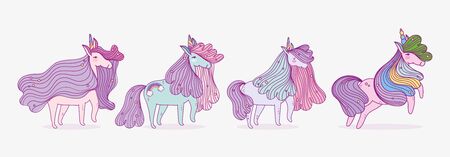 set of cute unicorns fantasy magic cartoonのイラスト素材