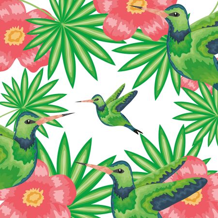 beautiful hummingbird with tropical floral decorationのイラスト素材