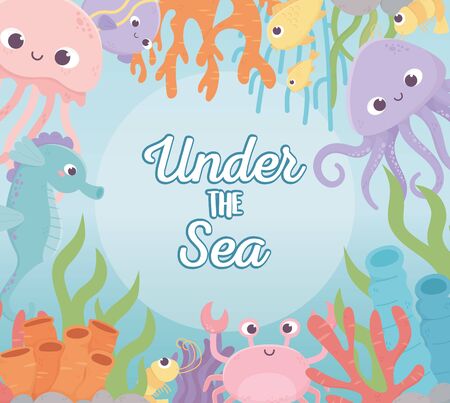 octopus jellyfish crab fishes shrimp life coral reef cartoon under the sea vector illustrationのイラスト素材