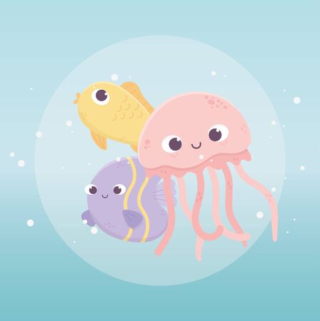 jellyfish fishes swimming bubbles water life cartoon under the sea vector illustrationのイラスト素材