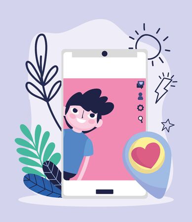 young boy smartphone screen message love social media vector illustrationのイラスト素材