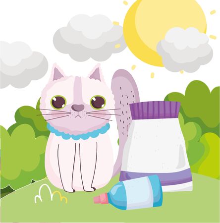 sad cat sitting with food and veterinary bottle outdoor scene pets vector illustrationのイラスト素材