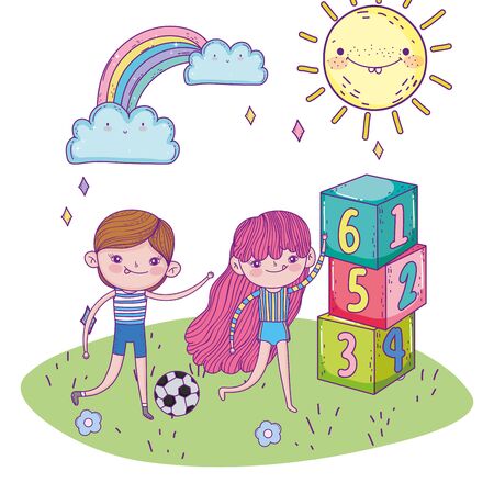 happy childrens day, boy and girl with soccer ball and numbers blocks parkのイラスト素材