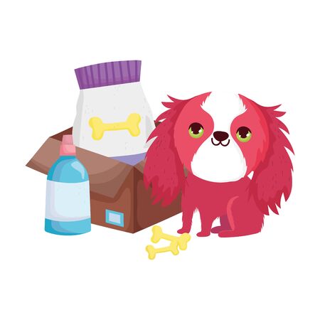 funny little dog with food packacge bones veterinary bottle pets vector illustrationのイラスト素材
