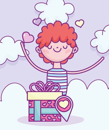 happy valentines day, in love young man with gift box and pin location vector illustrationのイラスト素材