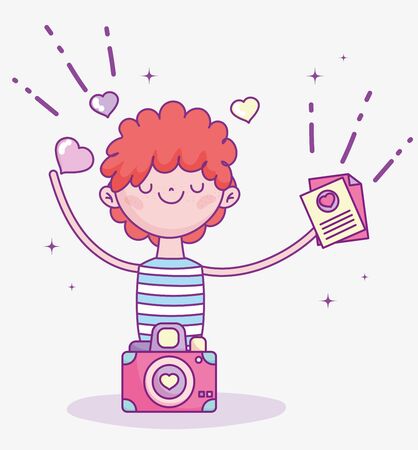 happy valentines day, young man with envelope message and camera vector illustrationのイラスト素材