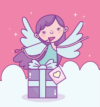happy valentines day, cupid with arrow gift box clouds love vector illustrationのイラスト素材