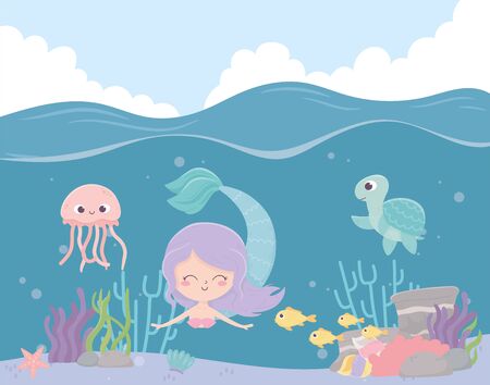 mermaid seahorse jellyfish fishes reef coral cartoon under the sea vector illustrationのイラスト素材