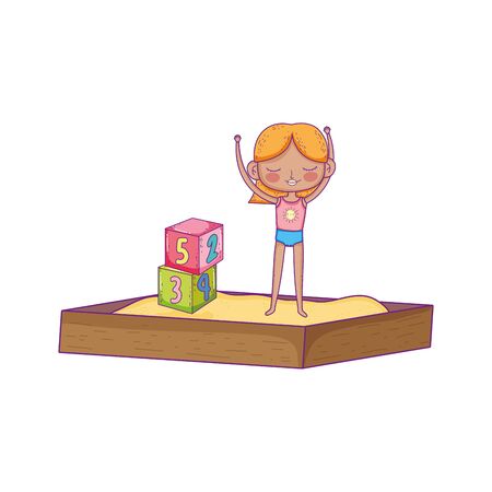 happy childrens day, girls in sandbox with numbers blocks park vector illustrationのイラスト素材